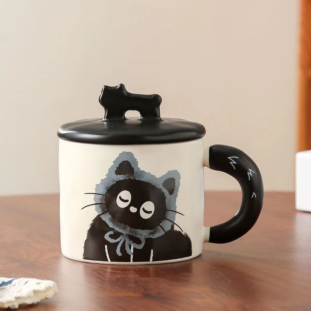 Blue Cute Cat Ceramic Mug with Lid 360ml