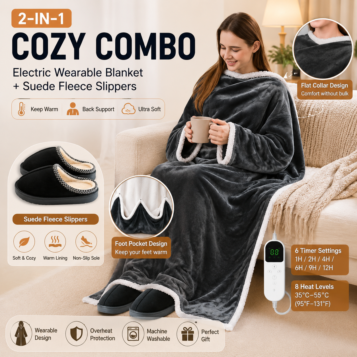 Wearable Electric Heated Blanket with Foot Pocket 127x177cm and Suede Fleece — image 1