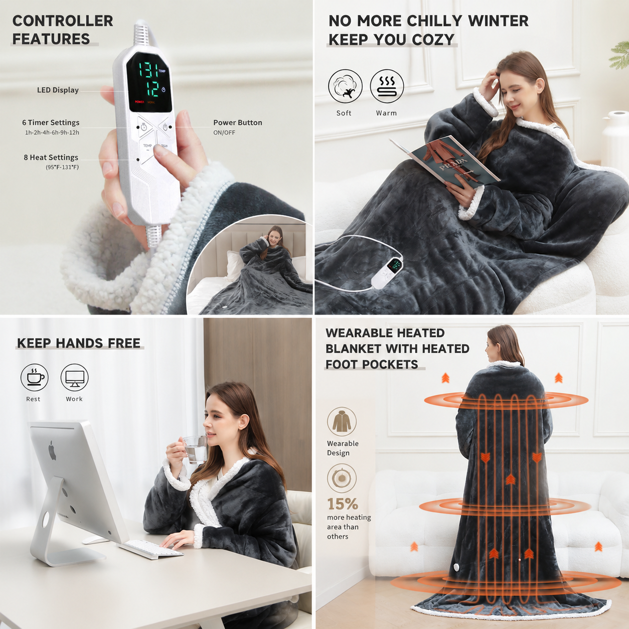 Wearable Electric Heated Blanket with Foot Pocket 127x177cm and Suede Fleece view 6