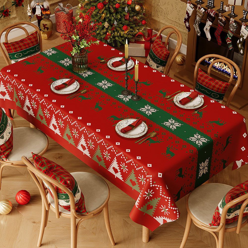 Christmas Waterproof Tablecloth (Reindeer Design) 140 x 140cm — Red festive