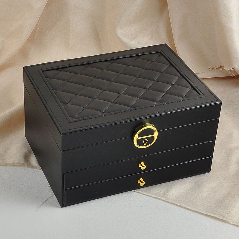 Black Large Lockable Jewellery Box with 3 Drawers PU Leather Jewellery view 2