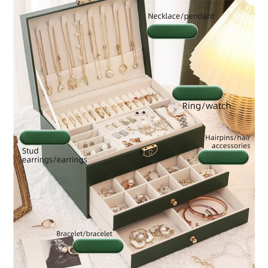 Black Large Lockable Jewellery Box with 3 Drawers PU Leather Jewellery view 5