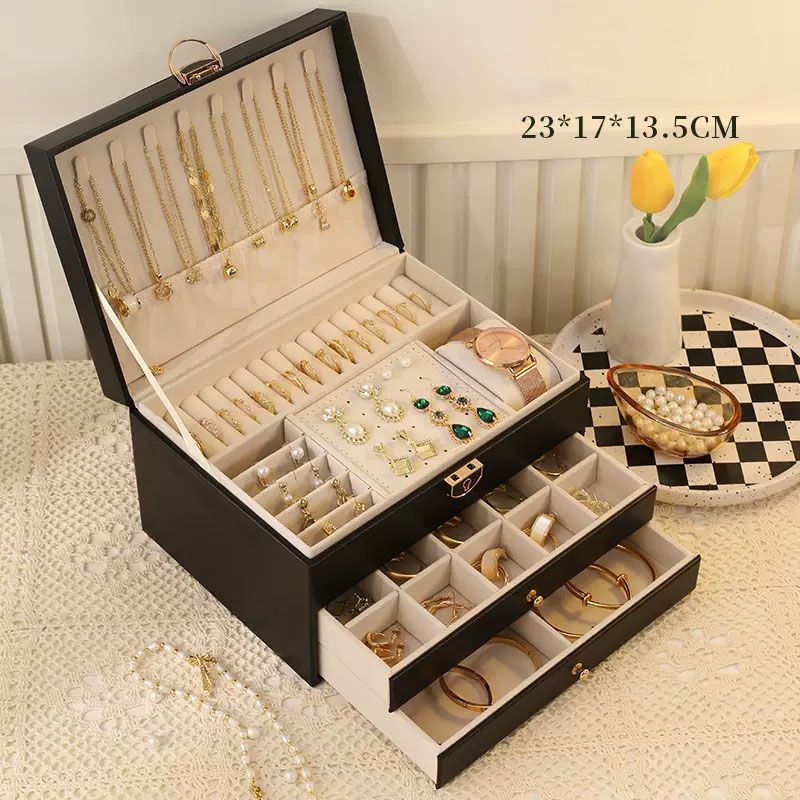 Black Large Lockable Jewellery Box with 3 Drawers PU Leather Jewellery view 7