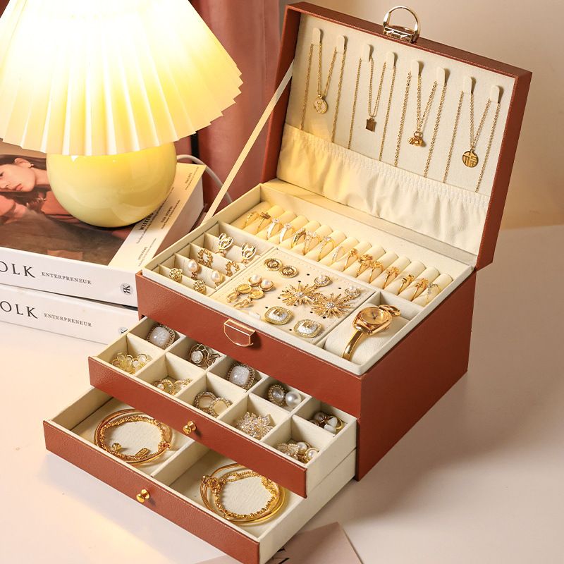 Brown Large Lockable Jewellery Box with 3 Drawers PU Leather Jewellery view 2