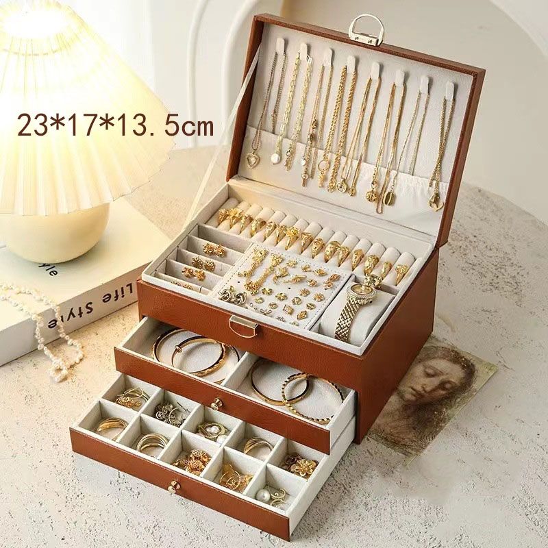 Brown Large Lockable Jewellery Box with 3 Drawers PU Leather Jewellery view 6