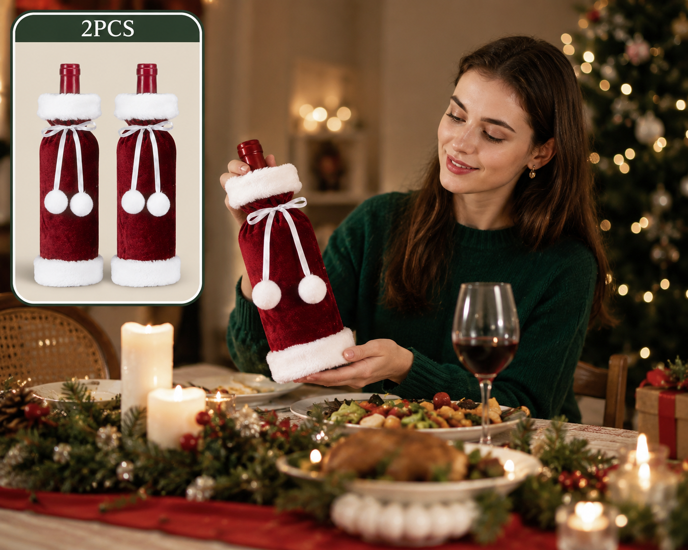 2 Pack Red Christmas Velvet Wine Bottle Covers with Faux Fur Trim Reusable view 2