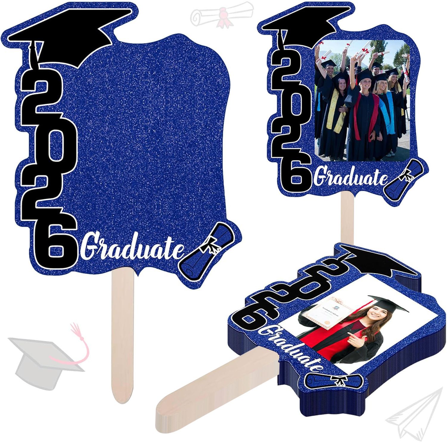 Graduate Photo Frame Fan Prop for Graduation Party (12pcs Blue)