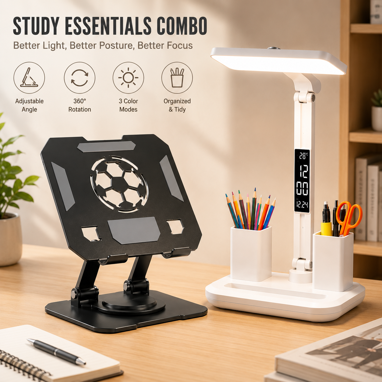 Black 360 Degree Rotating Tablet Stand and Foldable LED Desk Lamp Study Set