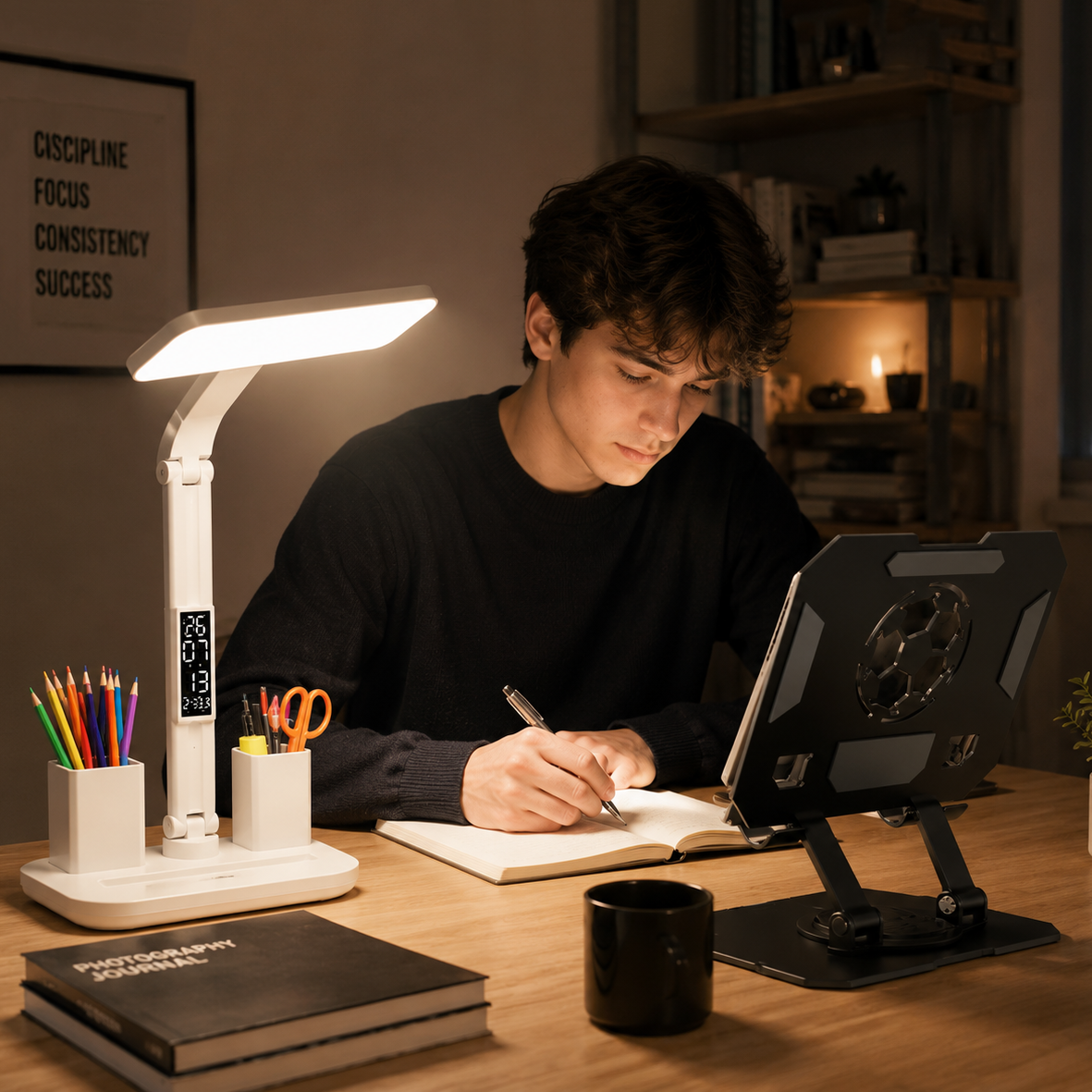 Black 360 Degree Rotating Tablet Stand and Foldable LED Desk Lamp Study Set view 2