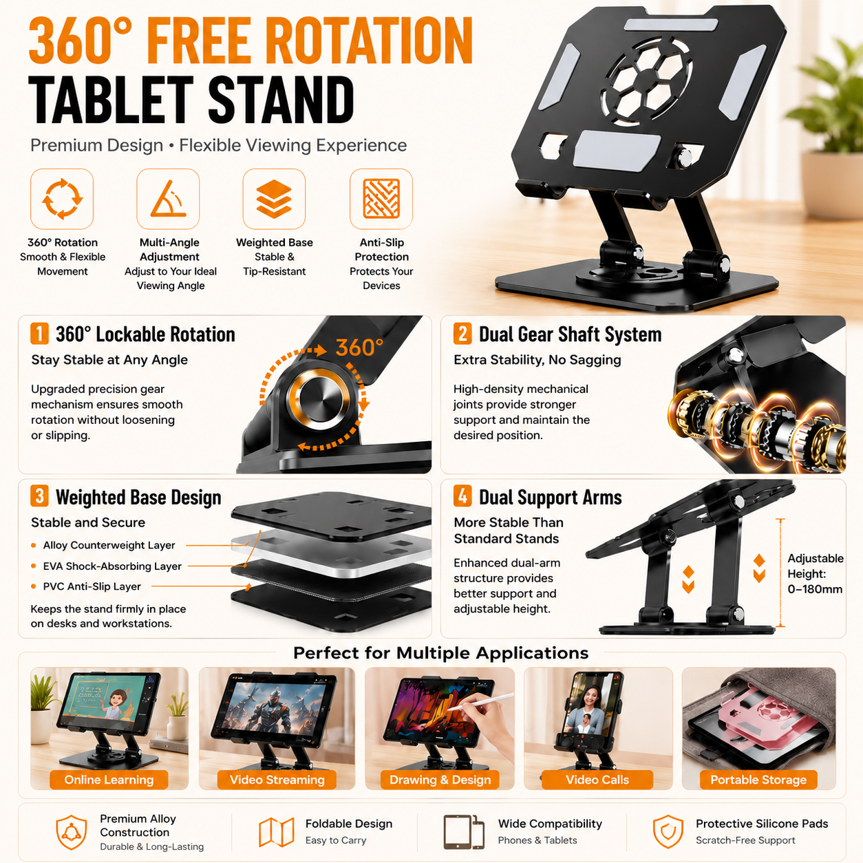 Black 360 Degree Rotating Tablet Stand and Foldable LED Desk Lamp Study Set view 4