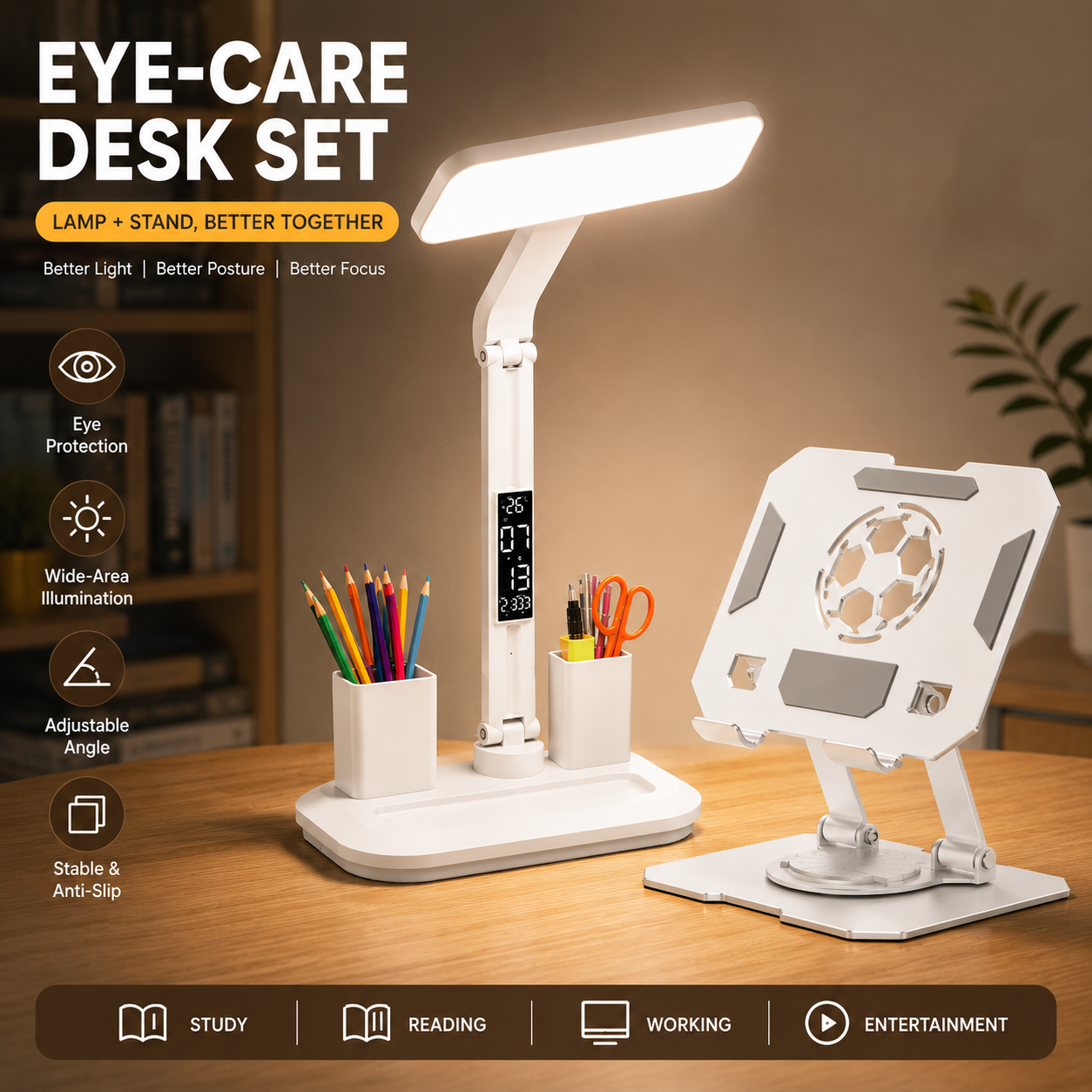 White 360 Degree Rotating Tablet Stand and Foldable LED Desk Lamp Study Set