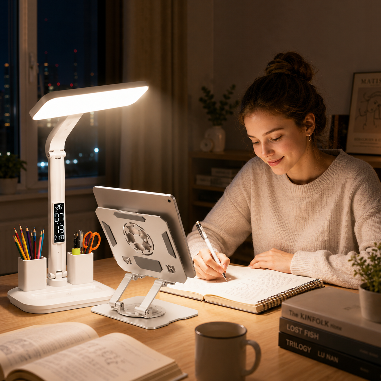 White 360 Degree Rotating Tablet Stand and Foldable LED Desk Lamp Study Set view 2