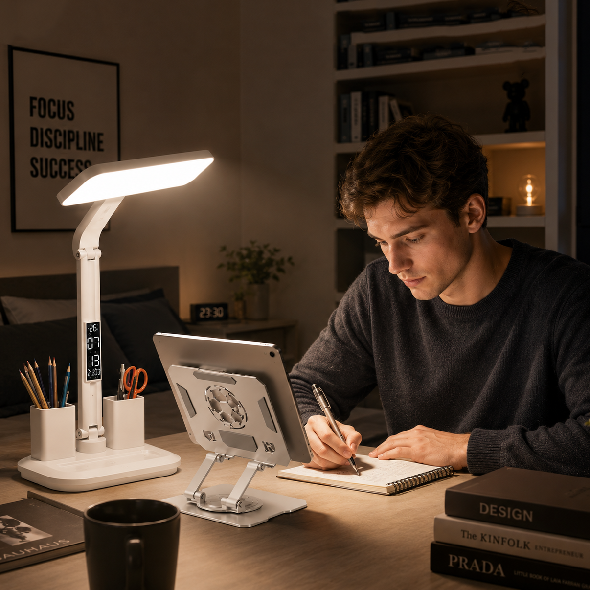 White 360 Degree Rotating Tablet Stand and Foldable LED Desk Lamp Study Set view 3