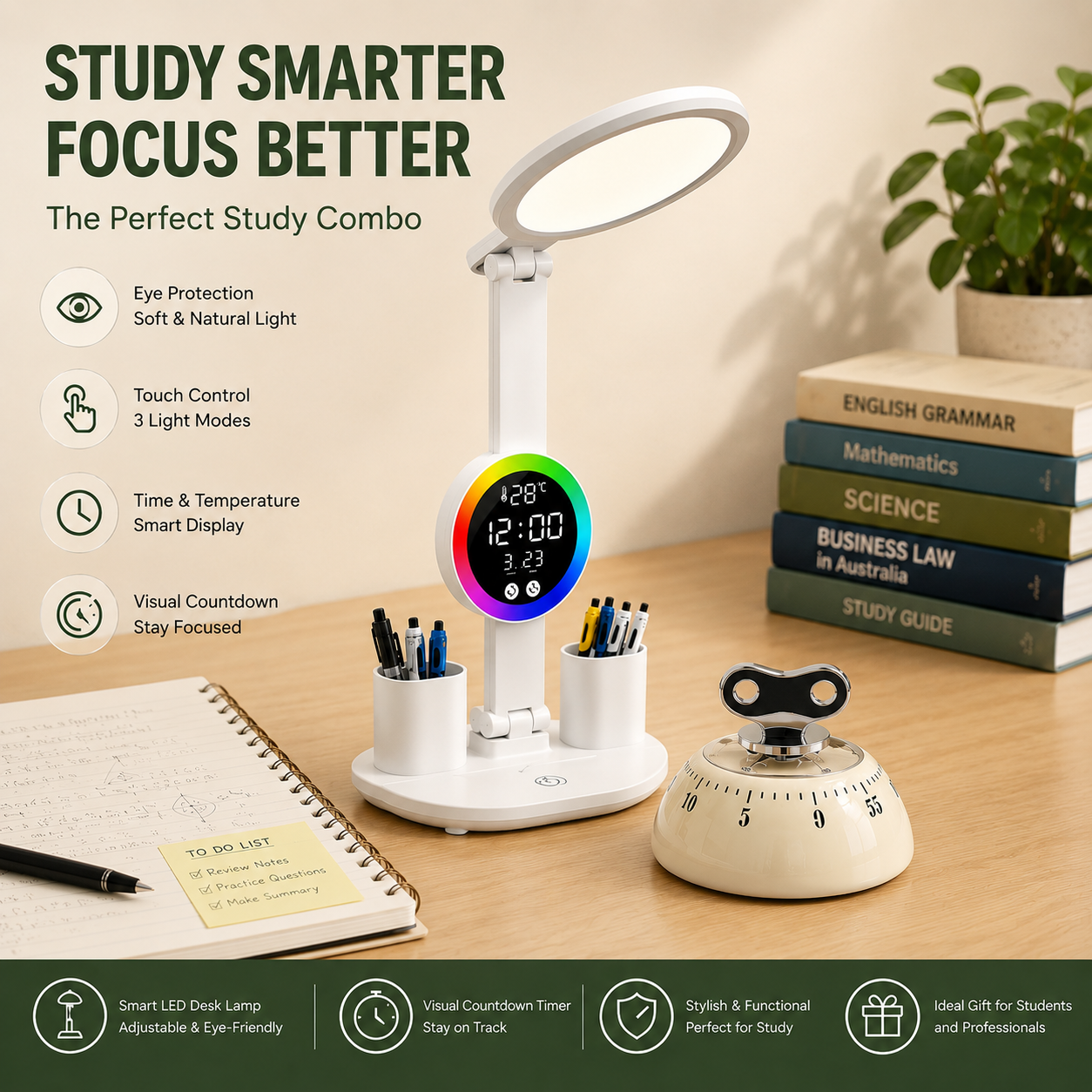Study Smarter Bundle LED Reading Lamp with Smart Display Pen Holders & White