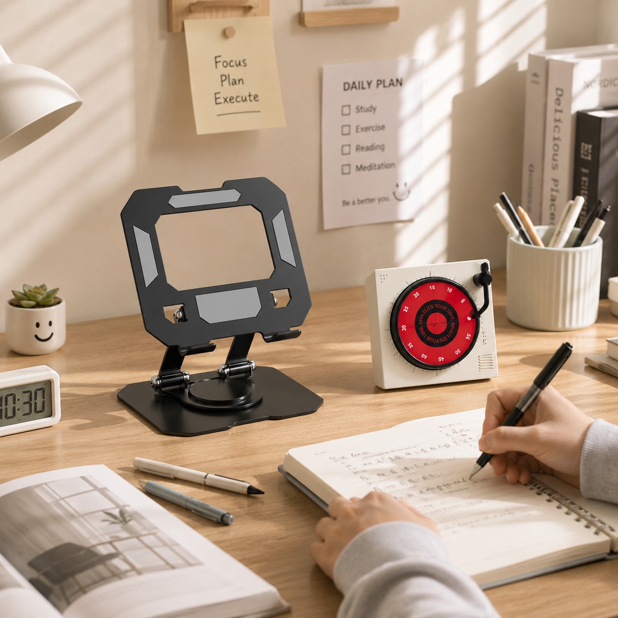 Study Focus Timer (White) and Foldable Metal Tablet Stand (Black) Set view 2