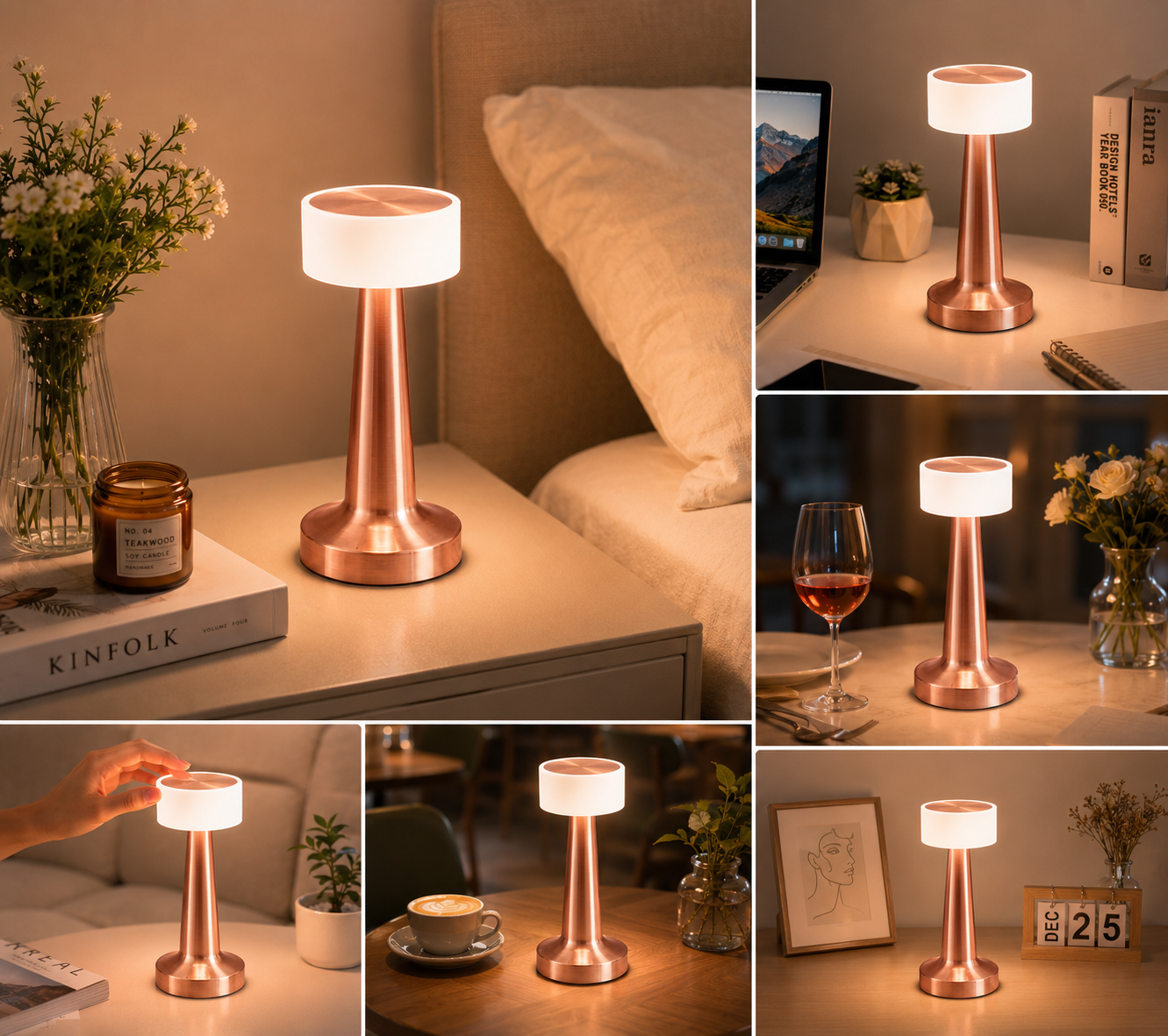 Copper Rechargeable Acrylic Shade UFO Table Lamp Touch Control LED Bedside view 2