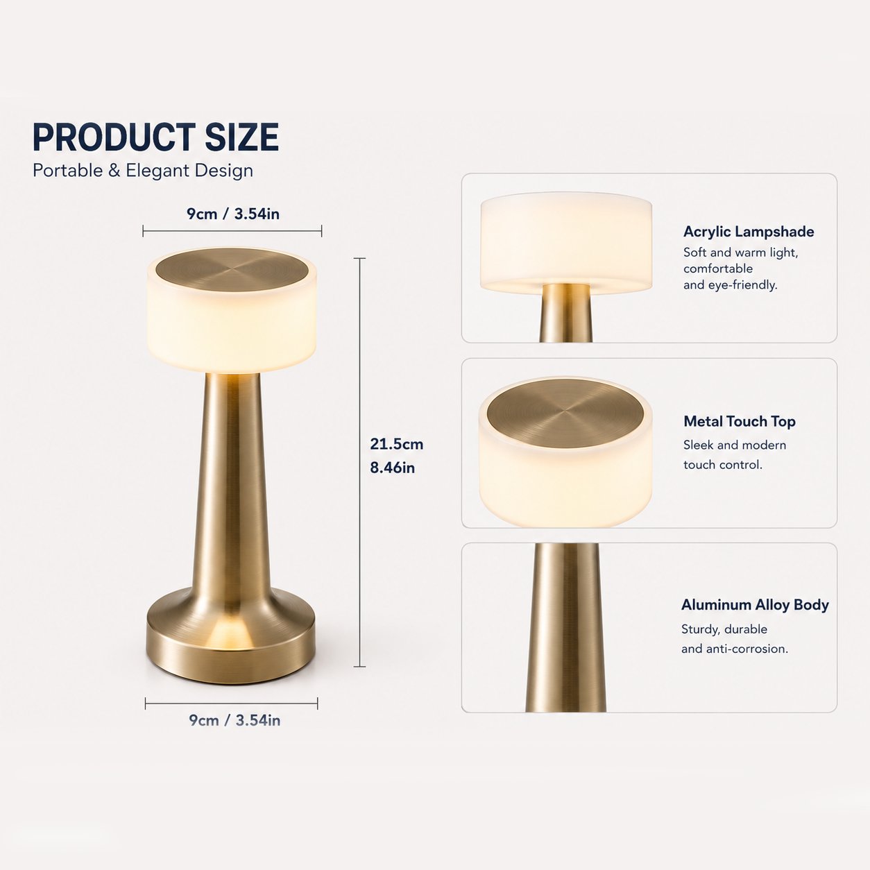 Copper Rechargeable Acrylic Shade UFO Table Lamp Touch Control LED Bedside view 5
