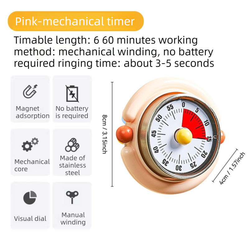 Pink Visual Mechanical Kitchen Timer with Magnetic Backing - Battery-Free view 2