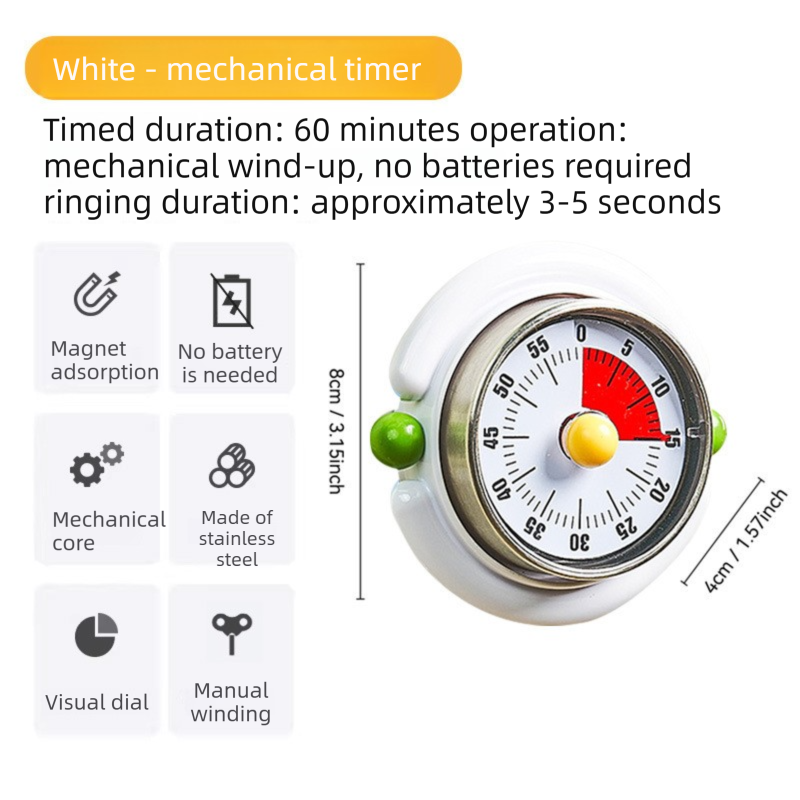 White Visual Mechanical Kitchen Timer with Magnetic Backing - Battery-Free view 2