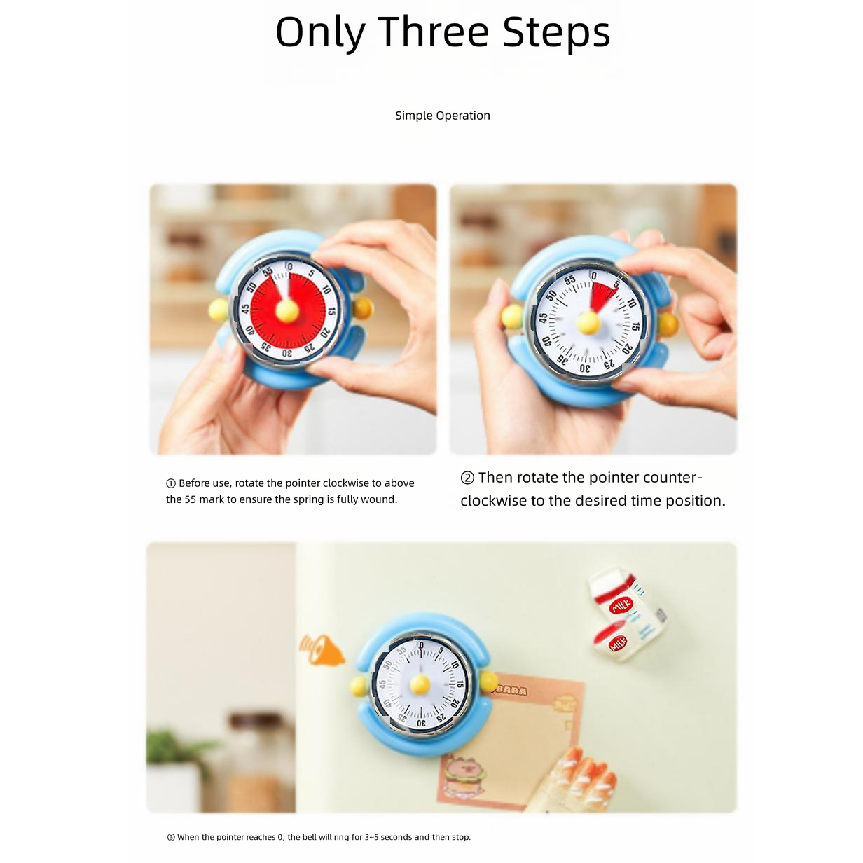 White Visual Mechanical Kitchen Timer with Magnetic Backing - Battery-Free view 4