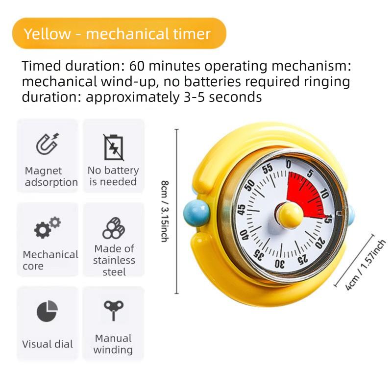 Yellow Visual Mechanical Kitchen Timer with Magnetic Backing - Battery-Free view 2