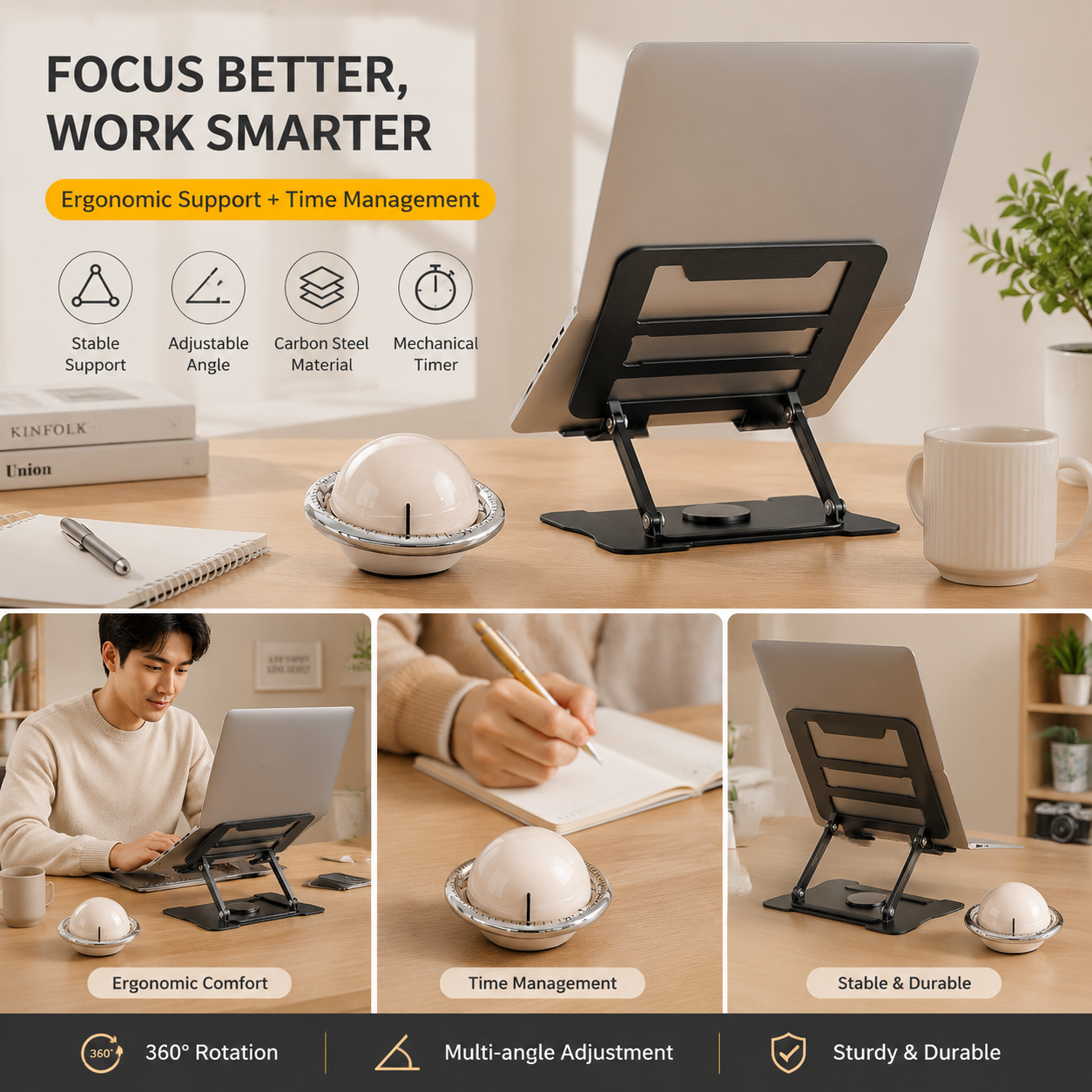 360° Rotating Laptop Stand(Black) & Magnetic Mechanical Timer(Beige) Set