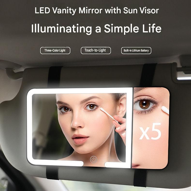 Black LED Car Sun Visor Makeup Mirror with 5x Magnification & Touch Lighting view 5