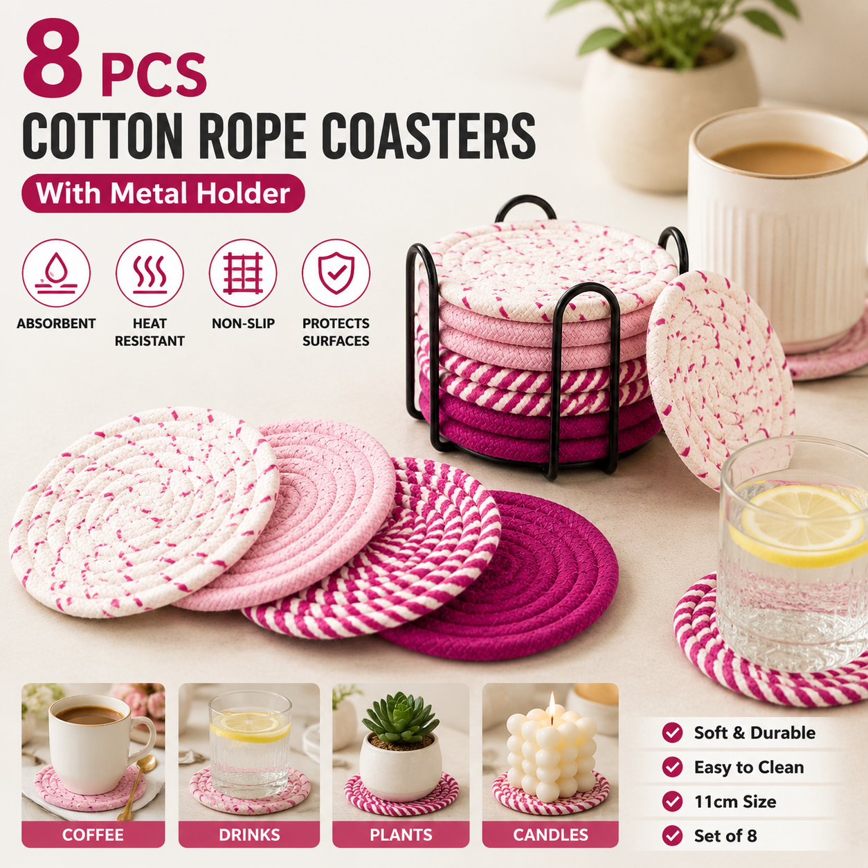 Pink series 8 Piece Handmade Braided Cotton Coasters Set with Holder 4.3 Inch