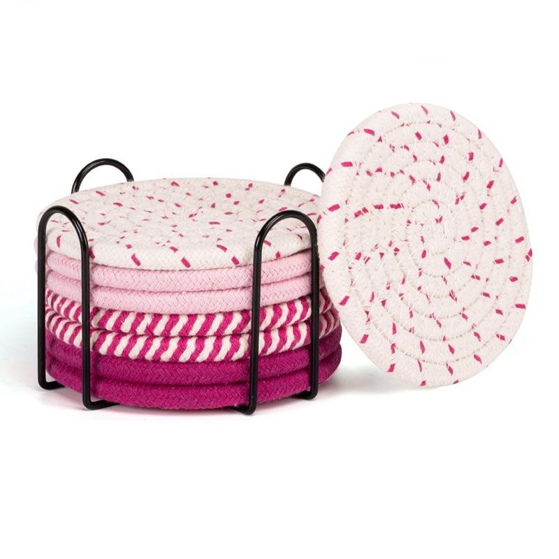 Pink series 8 Piece Handmade Braided Cotton Coasters Set with Holder 4.3 Inch view 2