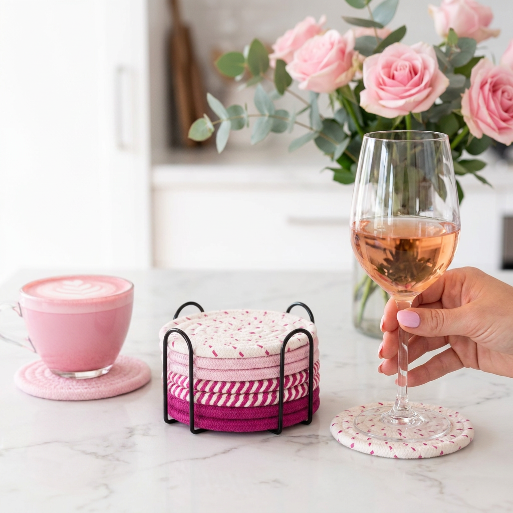 Pink series 8 Piece Handmade Braided Cotton Coasters Set with Holder 4.3 Inch view 3