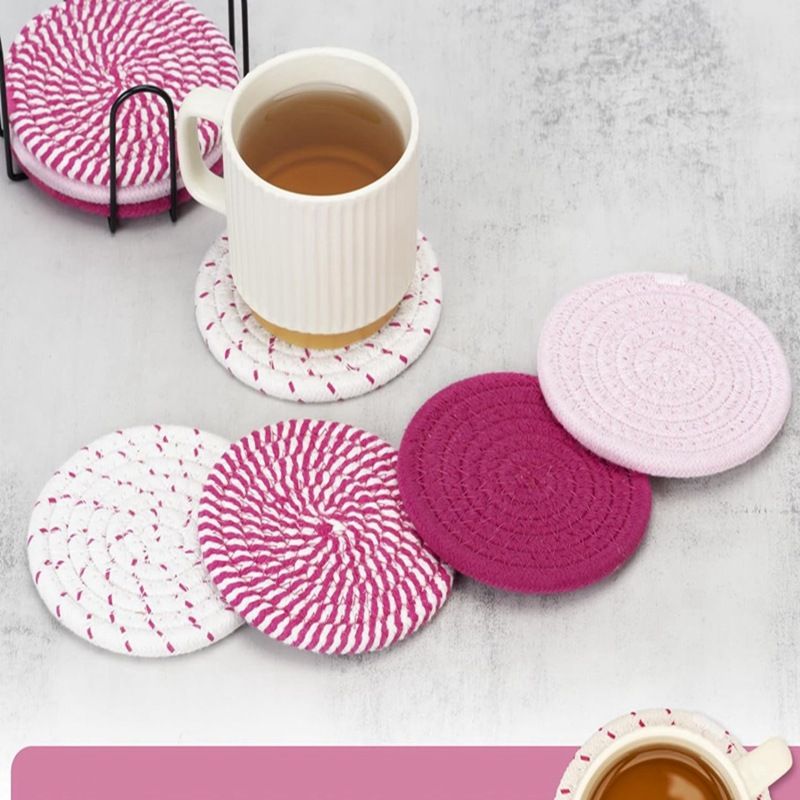Pink series 8 Piece Handmade Braided Cotton Coasters Set with Holder 4.3 Inch view 4