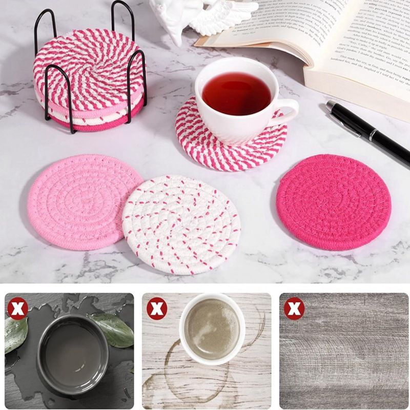 Pink series 8 Piece Handmade Braided Cotton Coasters Set with Holder 4.3 Inch view 5