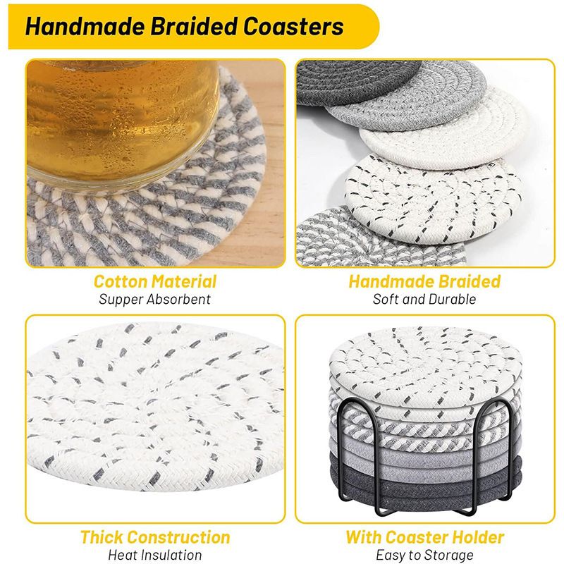 Pink series 8 Piece Handmade Braided Cotton Coasters Set with Holder 4.3 Inch view 6