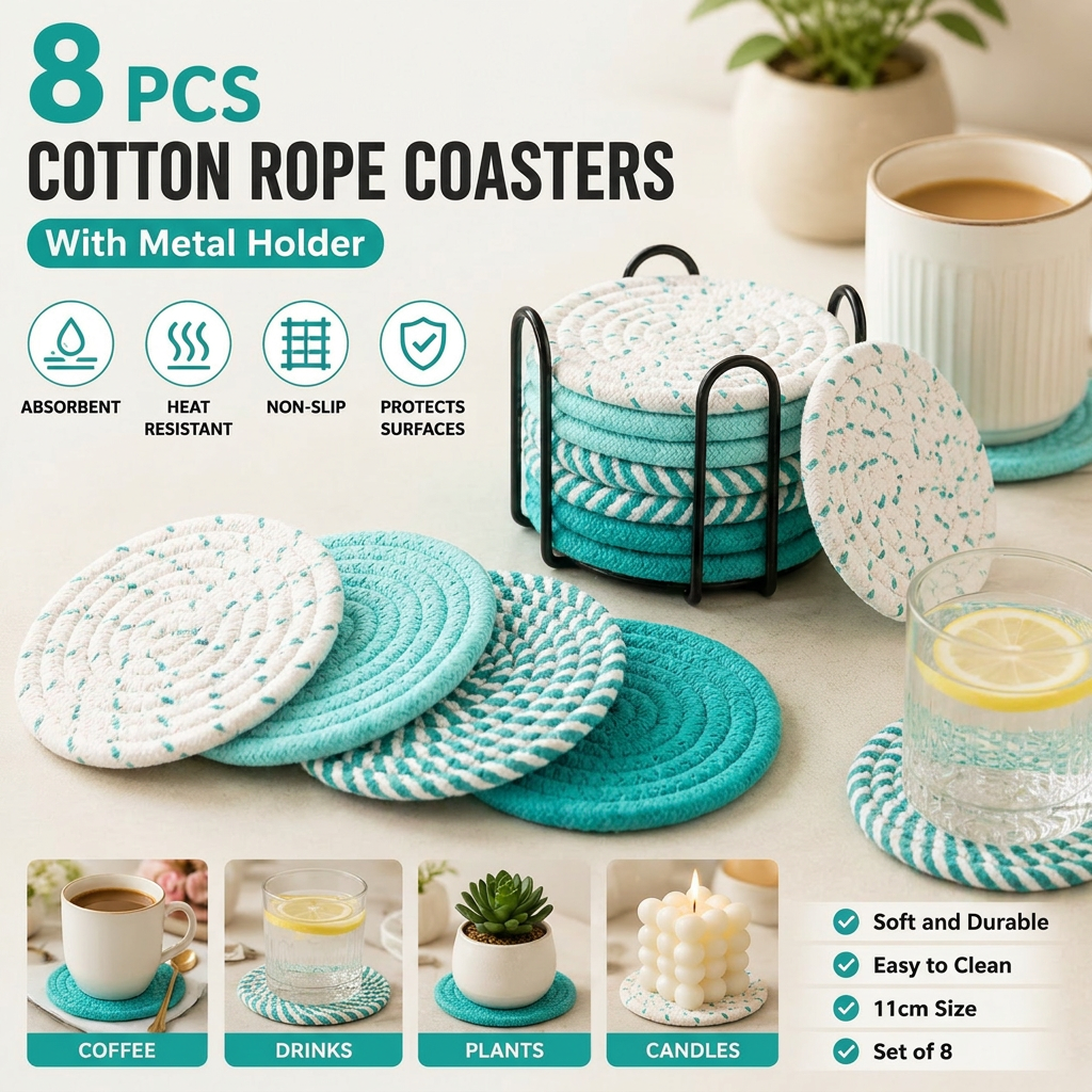 Green series 8 Piece Handmade Braided Cotton Coasters Set with Holder 4.3 Inch