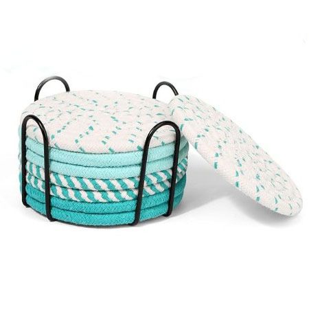 Green series 8 Piece Handmade Braided Cotton Coasters Set with Holder 4.3 Inch view 2