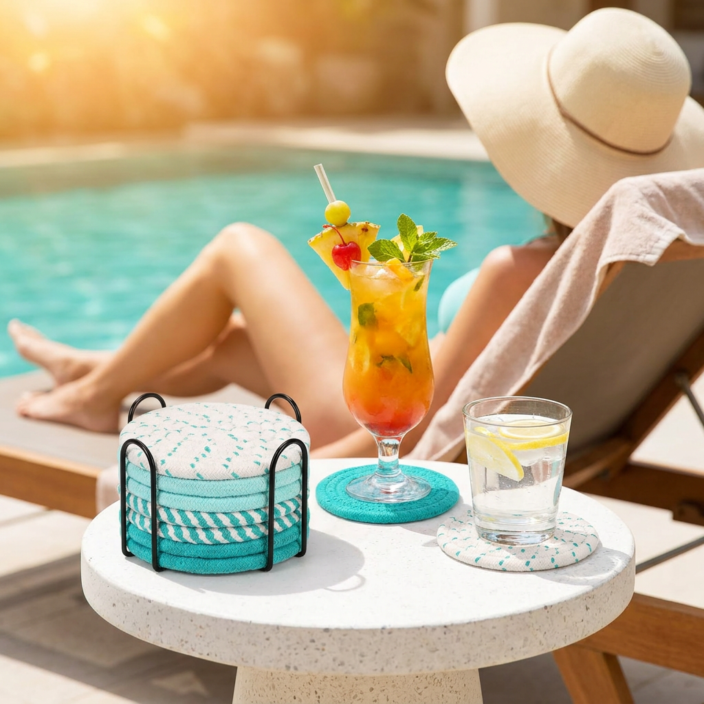 Green series 8 Piece Handmade Braided Cotton Coasters Set with Holder 4.3 Inch view 4
