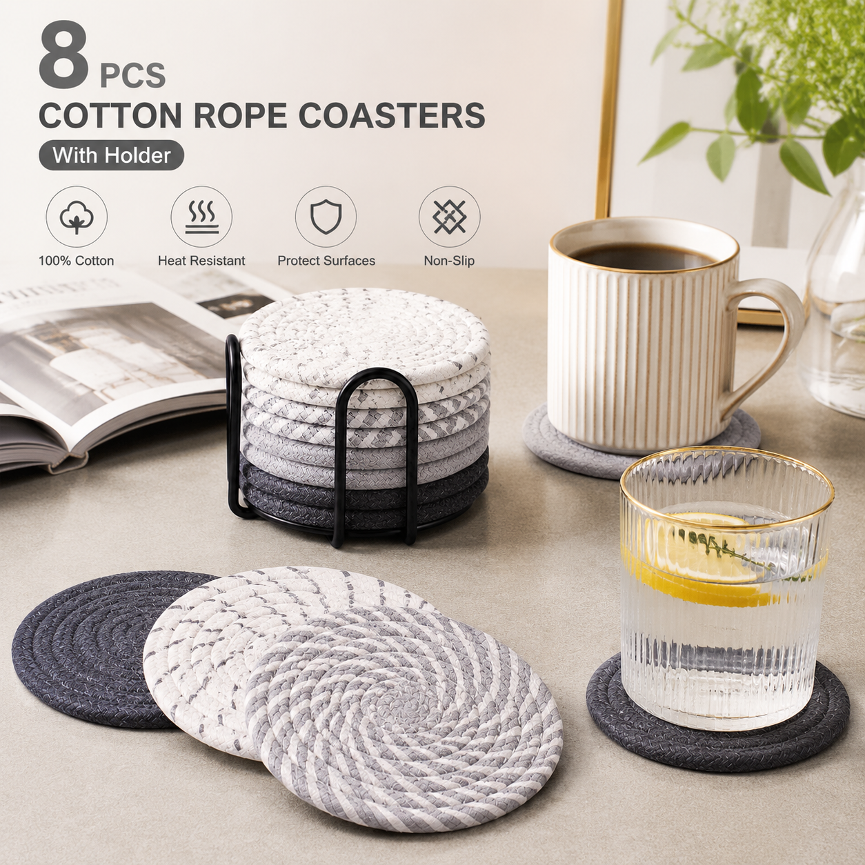Gray tones 8 Piece Handmade Braided Cotton Coasters Set with Holder 4.3 Inch