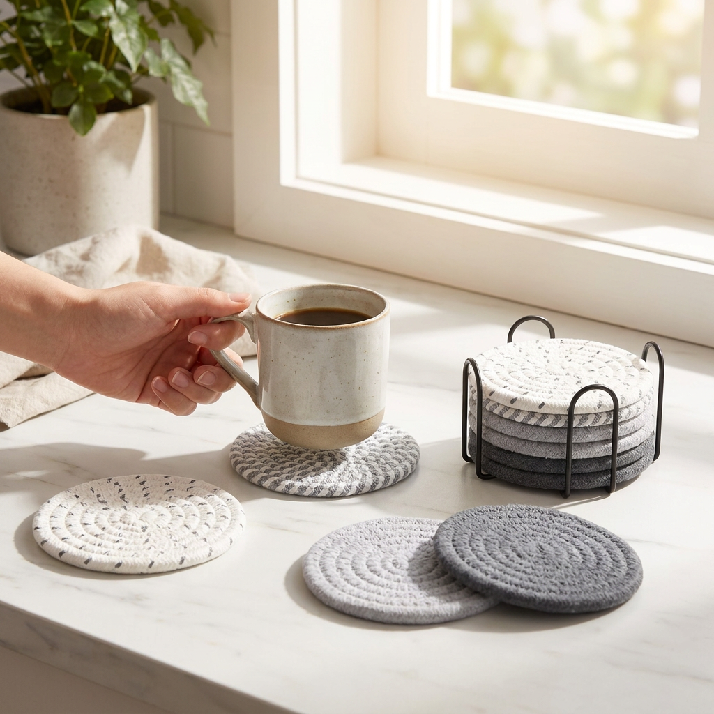Gray tones 8 Piece Handmade Braided Cotton Coasters Set with Holder 4.3 Inch view 3