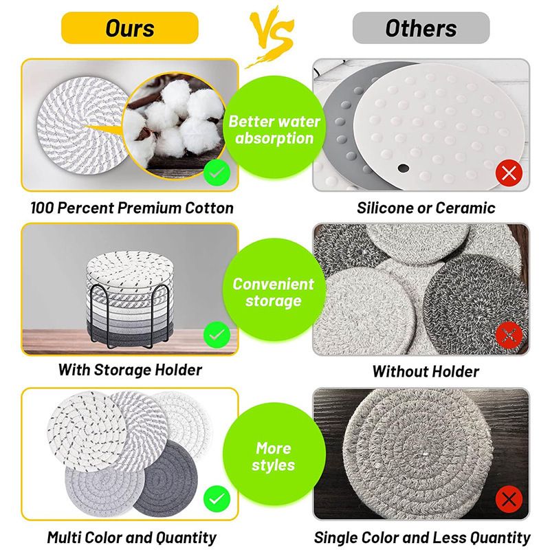 Gray tones 8 Piece Handmade Braided Cotton Coasters Set with Holder 4.3 Inch view 6