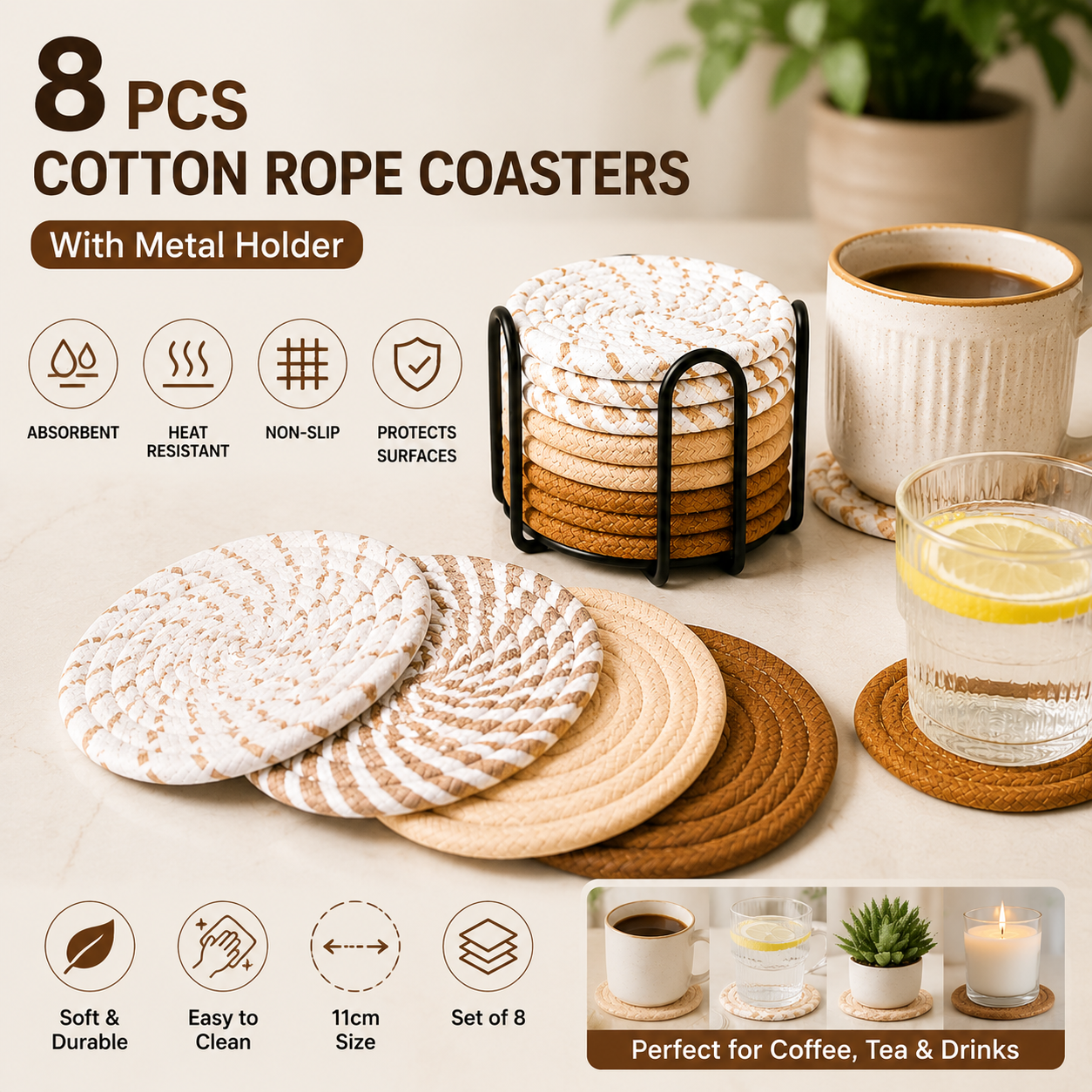 Brown series 8 Piece Handmade Braided Cotton Coasters Set with Holder 4.3 Inch