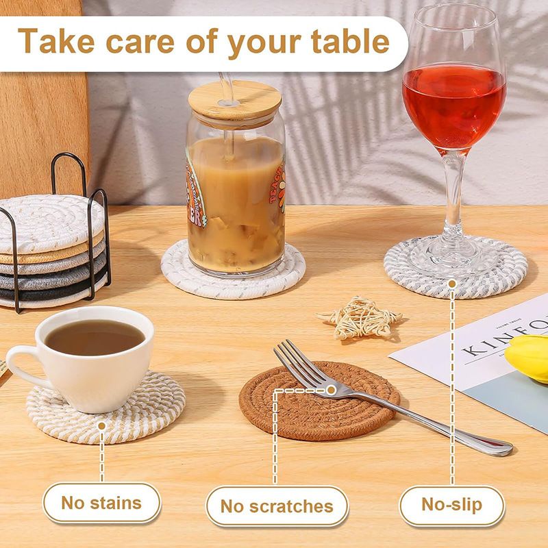 Brown series 8 Piece Handmade Braided Cotton Coasters Set with Holder 4.3 Inch view 7