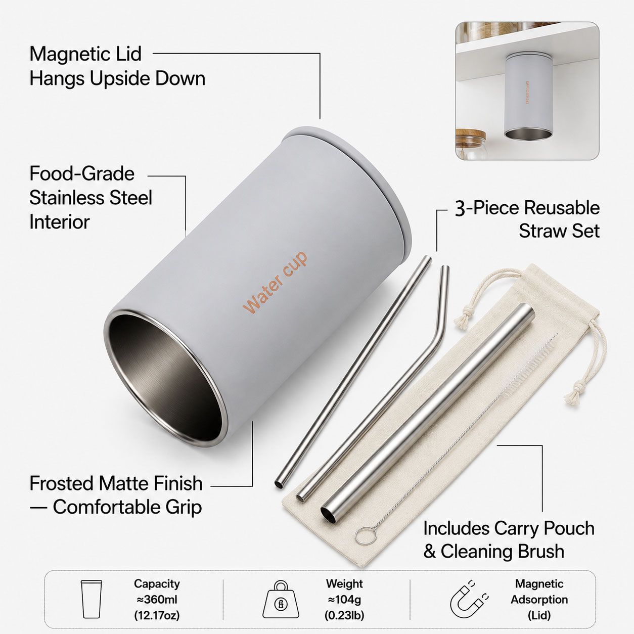 Gray 304 Stainless Steel Magnetic Hanging Water Bottle Set