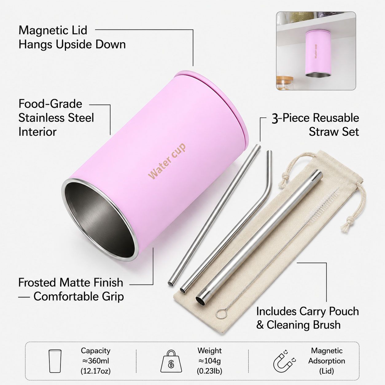 Pink 304 Stainless Steel Magnetic Hanging Water Bottle Set