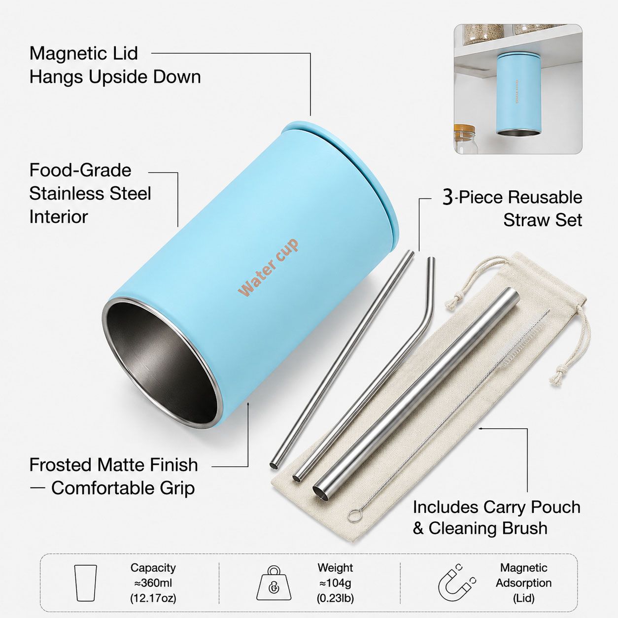 Blue 304 Stainless Steel Magnetic Hanging Water Bottle Set