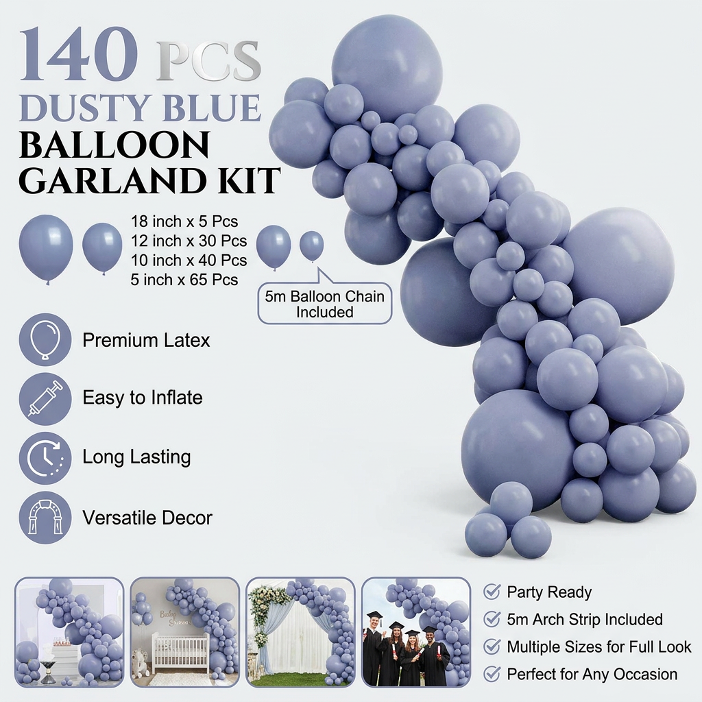140PCS Grayish blue Balloon Garland Kit Latex Balloon Arch Set for Birthday
