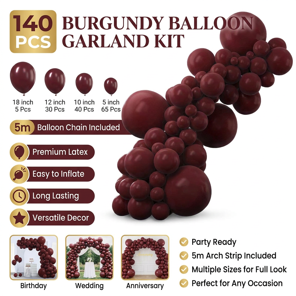 140PCS Wine red Balloon Garland Kit Latex Balloon Arch Set for Birthday