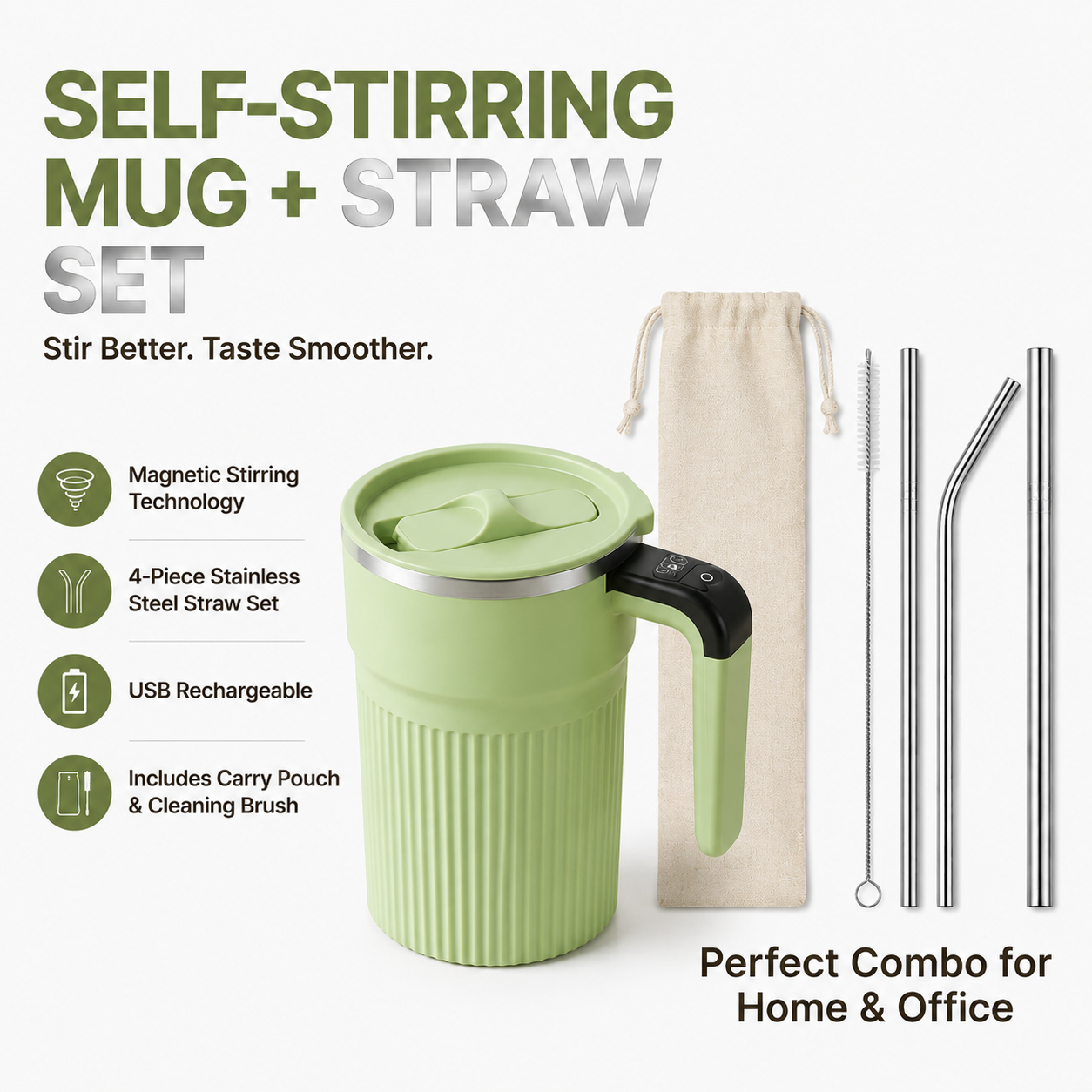 Green Self Stirring Coffee Mug Electric Temperature Display Cup 14.4cm
