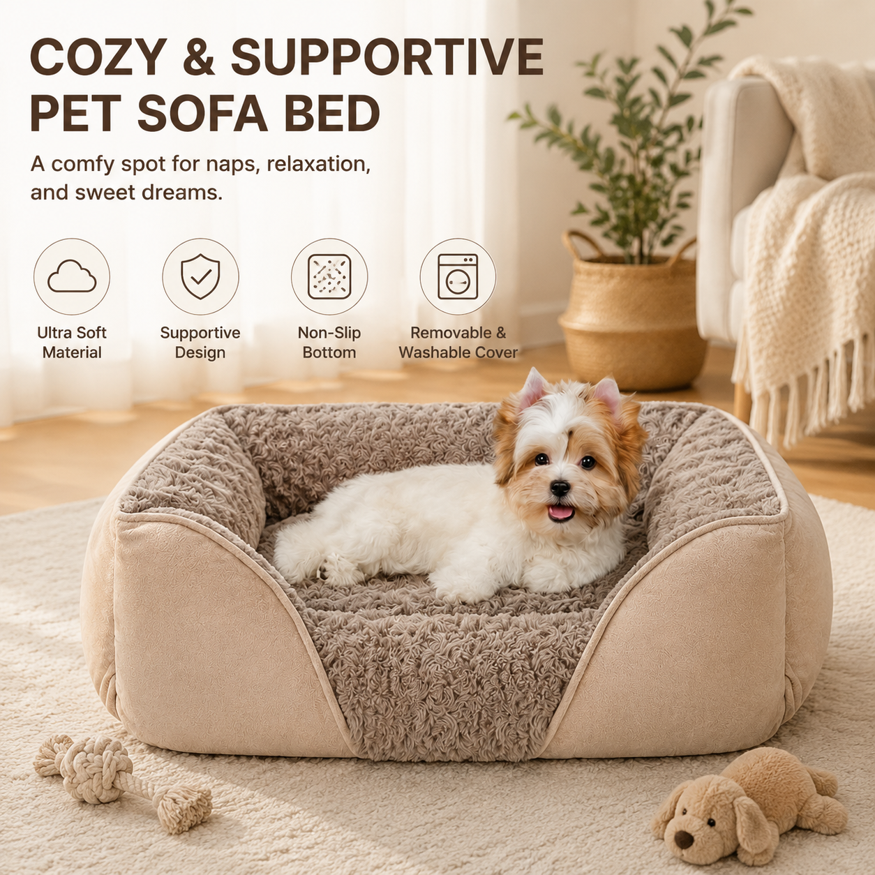 Camel Small & Medium Pet Bed - Washable Rectangle Dog Bed with Bolstered Walls
