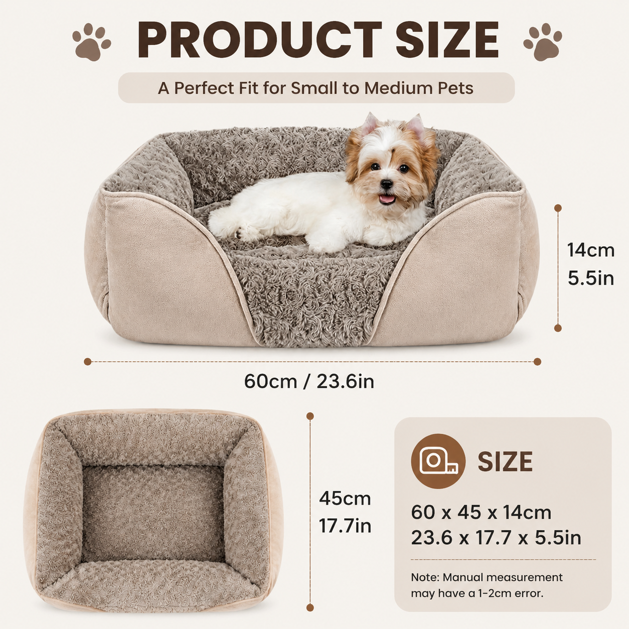 Camel Small & Medium Pet Bed - Washable Rectangle Dog Bed with Bolstered Walls view 7
