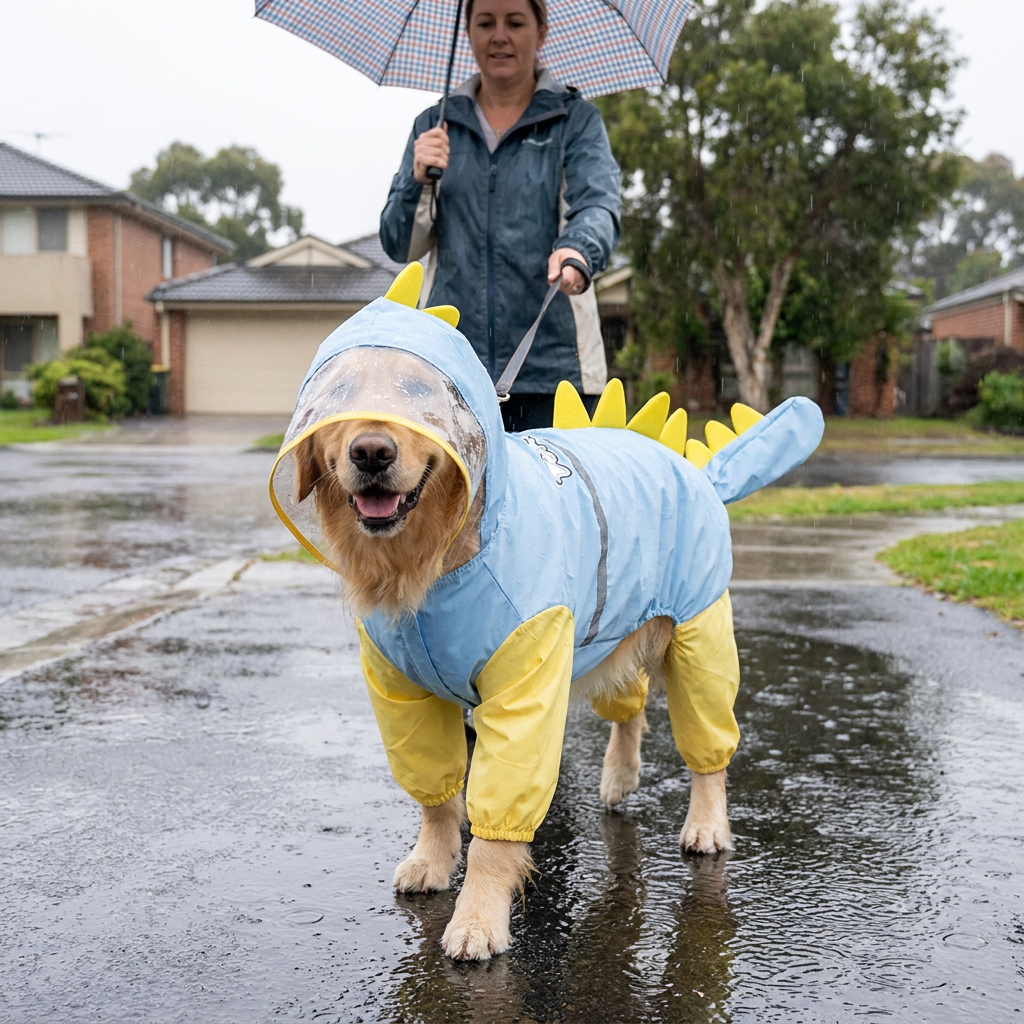 Blue Dog Raincoat Dinosaur Hooded Waterproof Jacket 4XL Size with Leash Hole — image 1